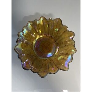 Vintage Sunflower Design Marigold Carnival Glass W/Petal Shaped Edge 7" Bowl